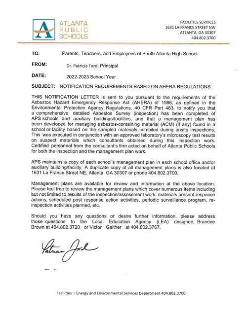 NOTIFICATION REQUIREMENTS BASED ON AHERA REGULATIONS